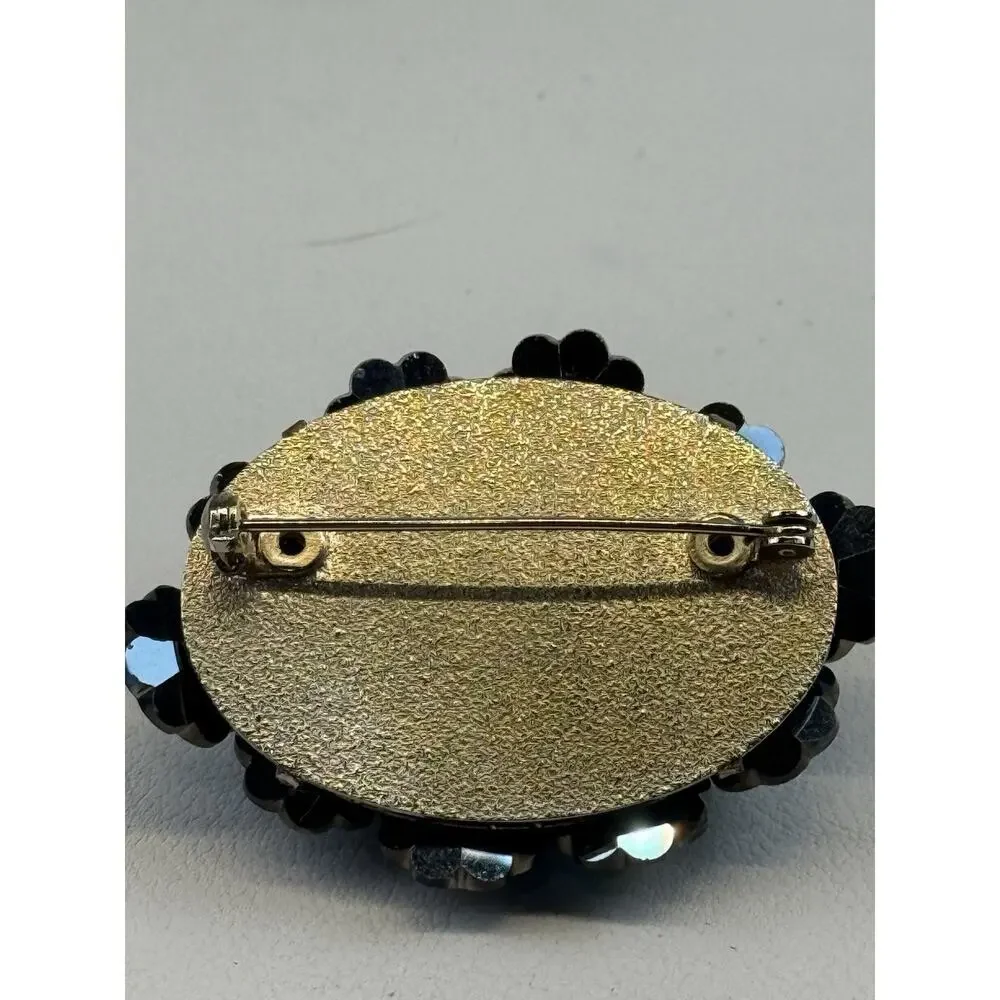 Vintage Blue Green Marguerite Rivoli Flower Beaded Brooch